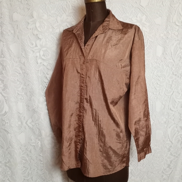 Vintage 90s DVF Diane Von Furstenberg Metallic Bronze Long Sleeve Button Shirt - Picture 2 of 9